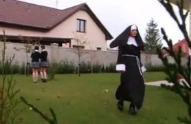 three schoolgirls and a nun